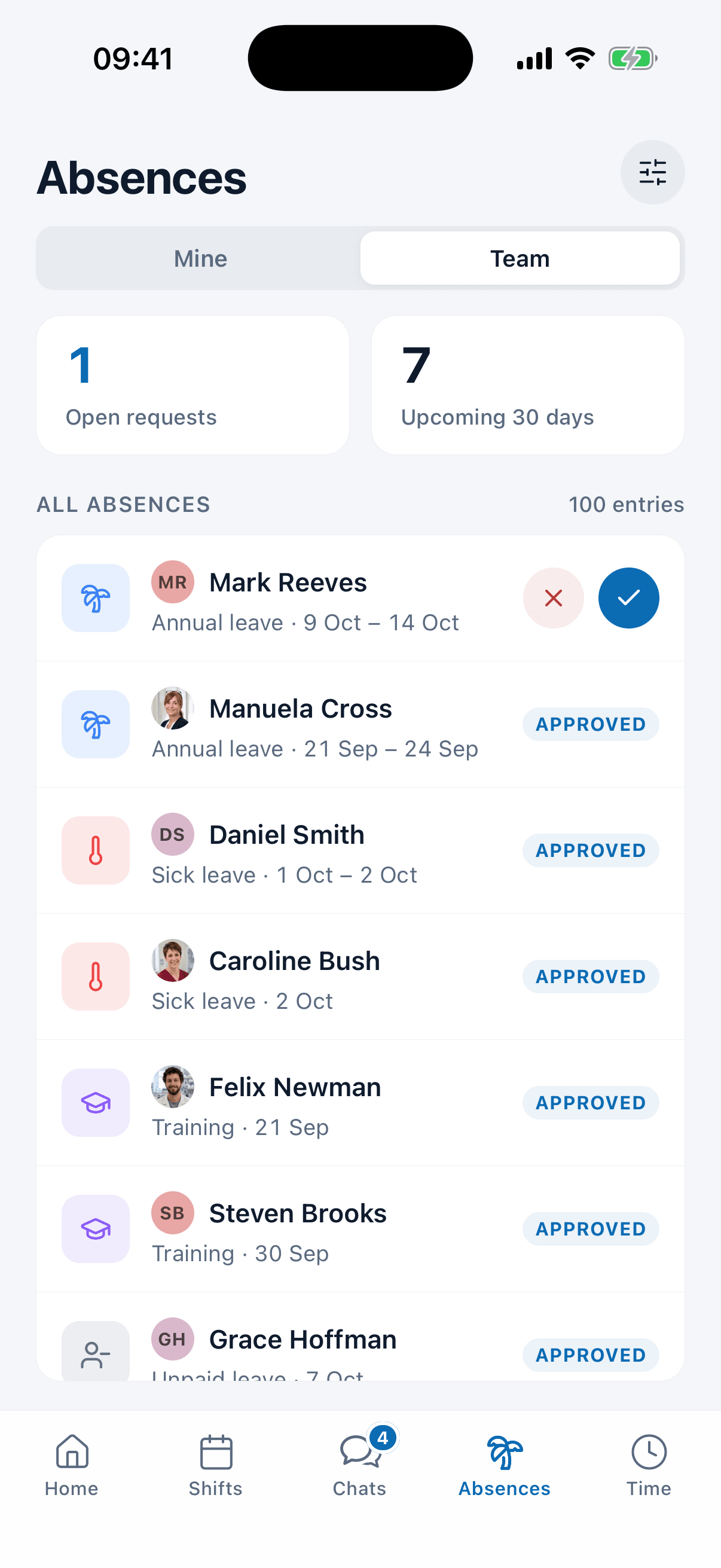 Absences in the medishift app with balance and status