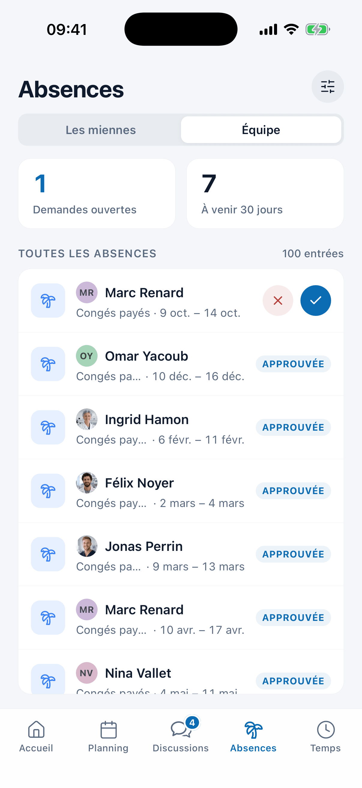 Absences de l'équipe dans l'application medishift