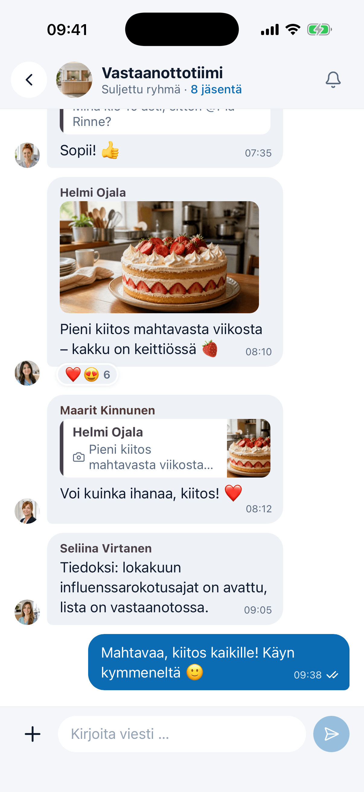 Ryhmäkeskustelu, jossa maininta, lainaus ja reaktiot, medishift-sovelluksessa