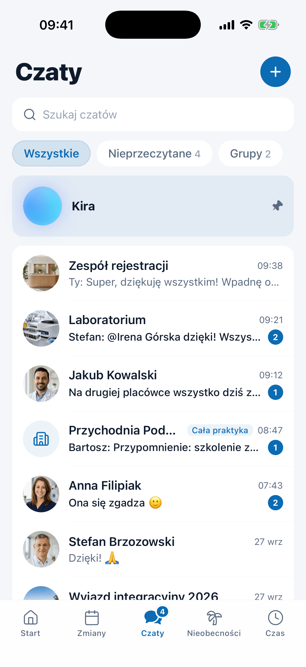 Lista czatów z grupami i wiadomościami bezpośrednimi w aplikacji medishift