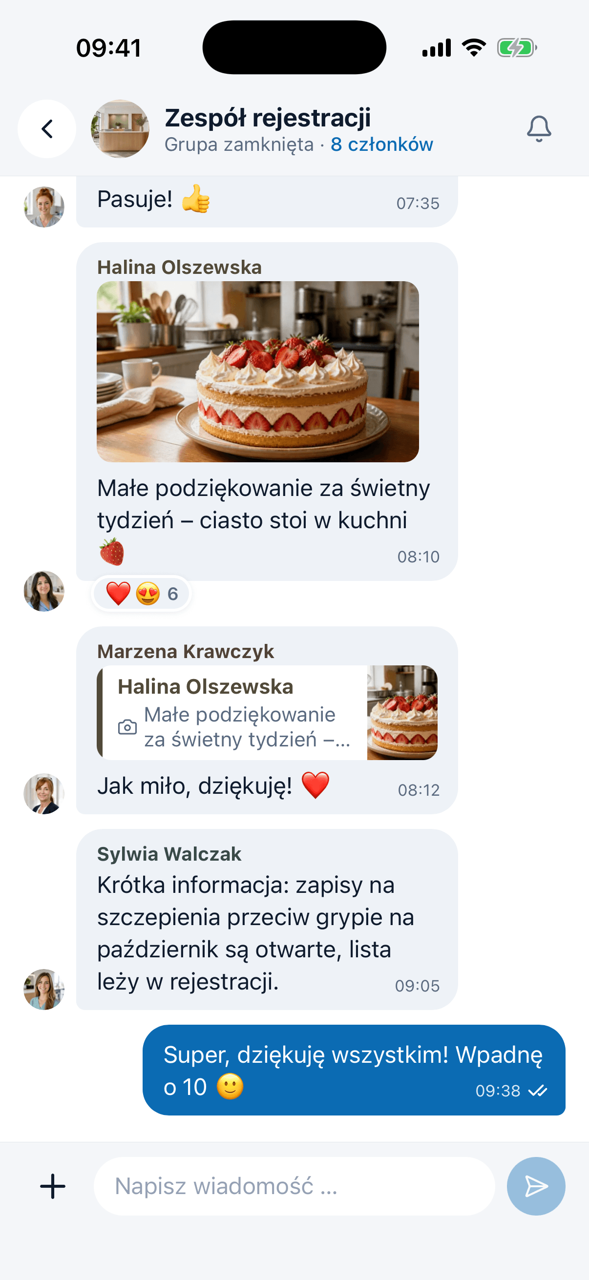 Czat grupowy ze wzmianką, cytatem i reakcjami w aplikacji medishift