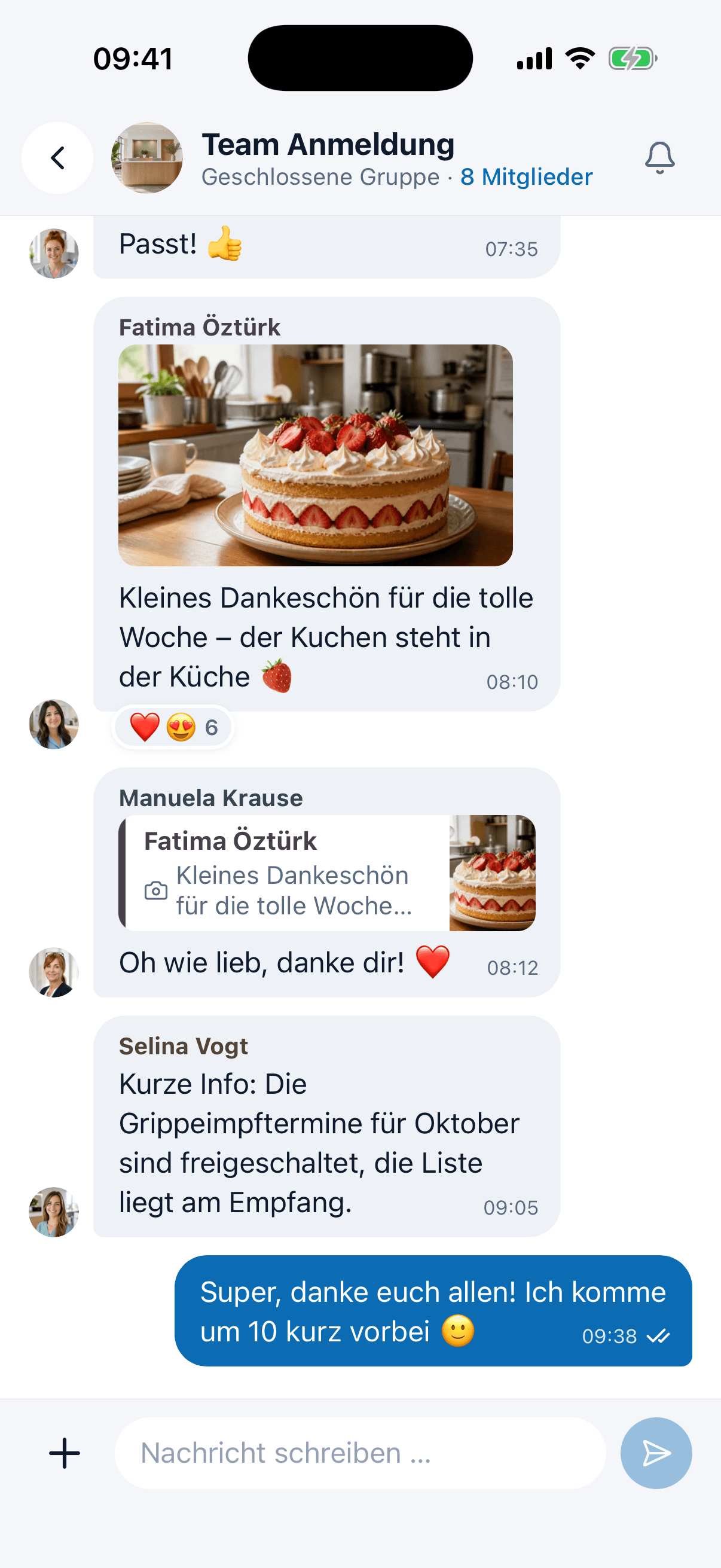 Gruppenchat mit Erwähnung, Zitat und Reaktionen in der medishift App