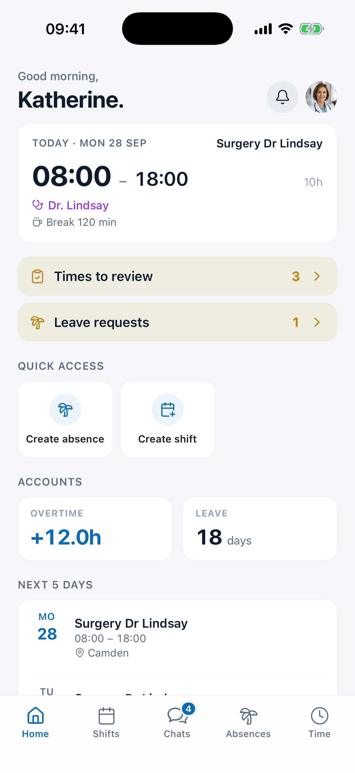 Clock in button in the medishift app, above today's shift and the times waiting to be reviewed