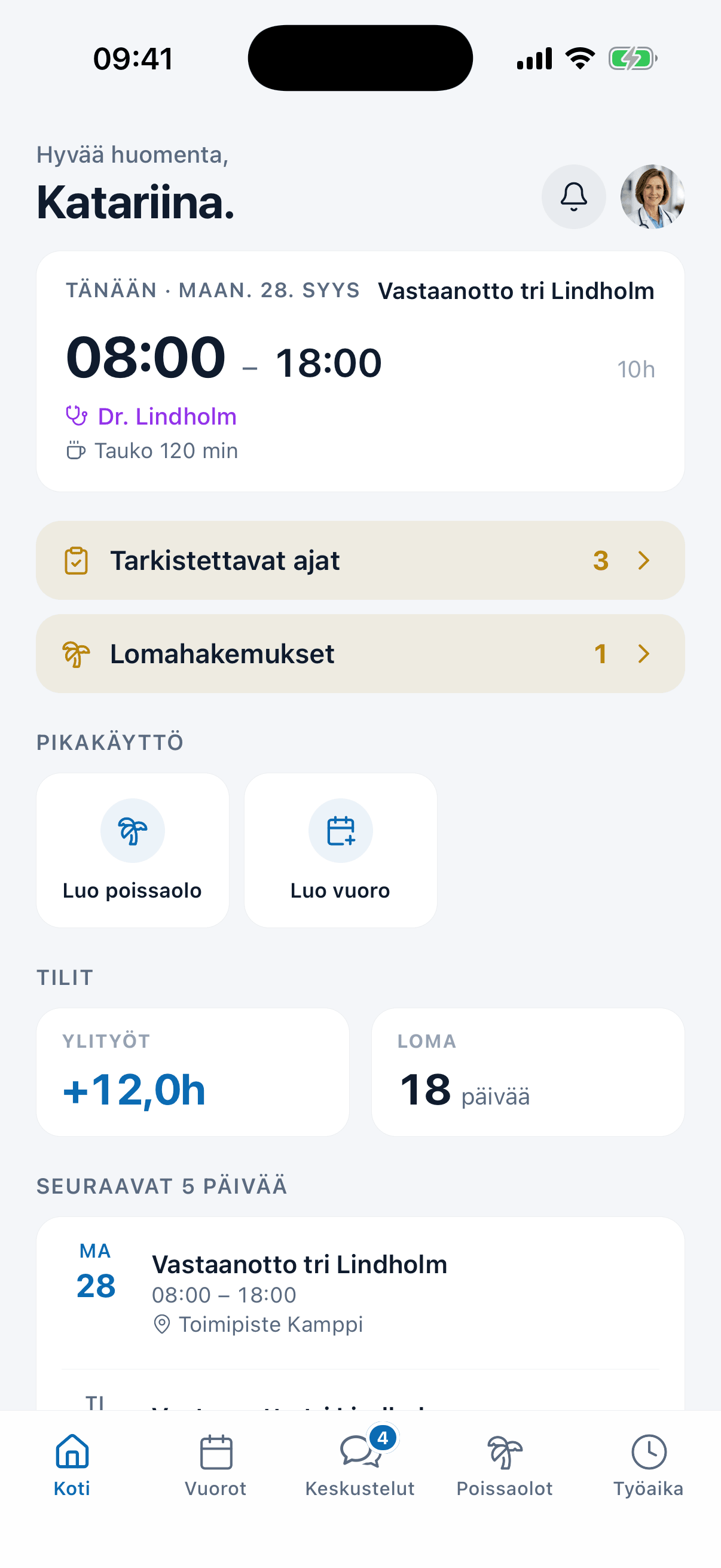 medishift-sovelluksen etusivu, jossa näkyvät lomahakemukset ja lomasaldo