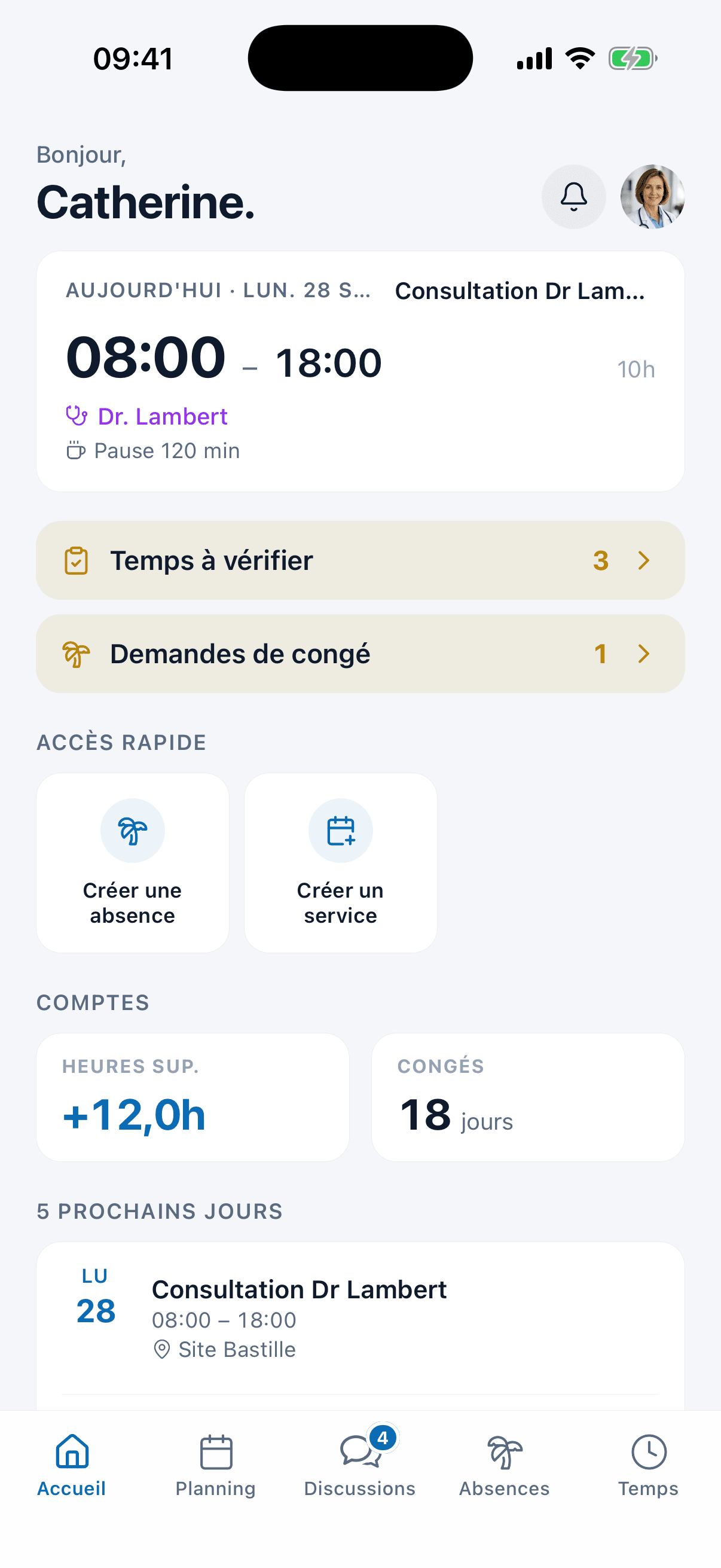 L'accueil de l'application medishift, avec le poste du jour
