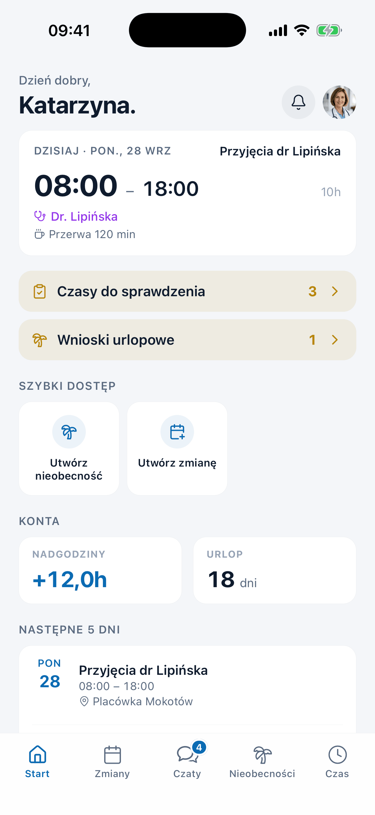 Ekran startowy aplikacji medishift z przyciskiem „Zarejestruj wejście” i saldem nadgodzin