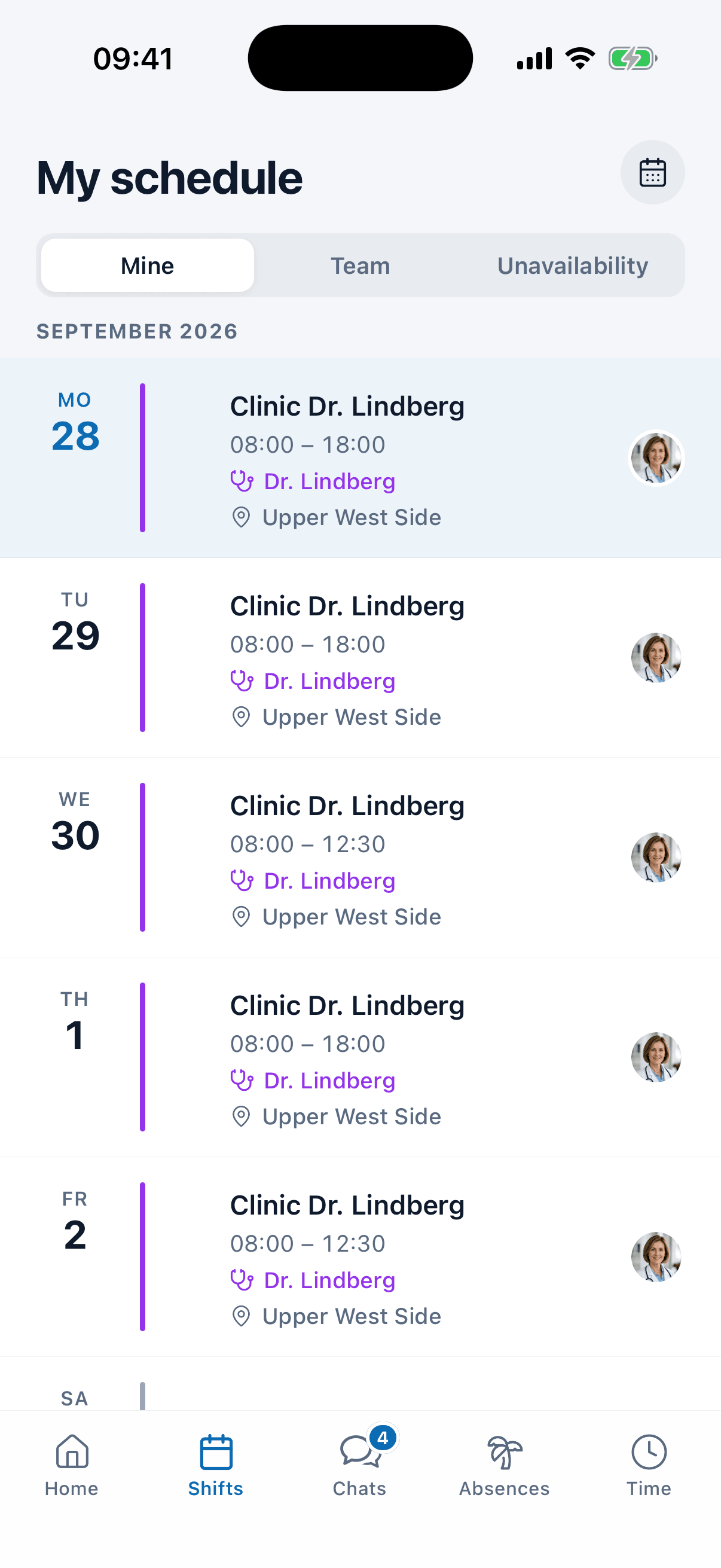My schedule in the medishift app with shifts, times, the assigned provider and the location