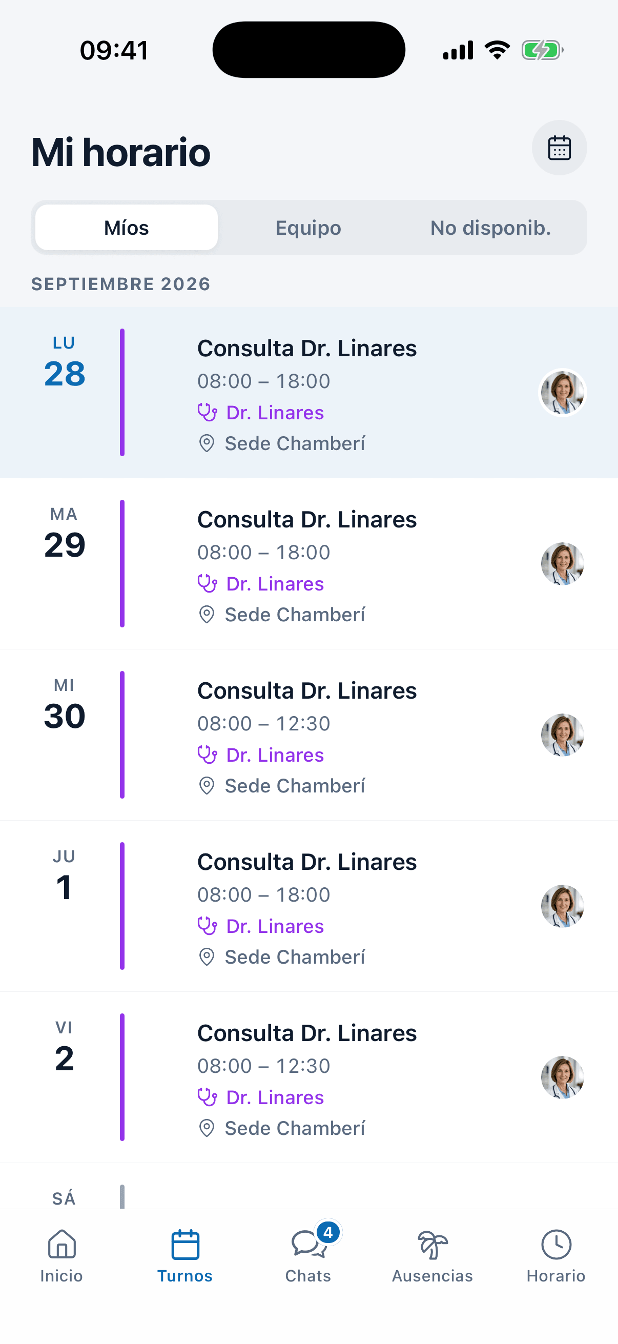 Mis turnos en la app medishift: consulta de mañana y de tarde con su horario y su sede