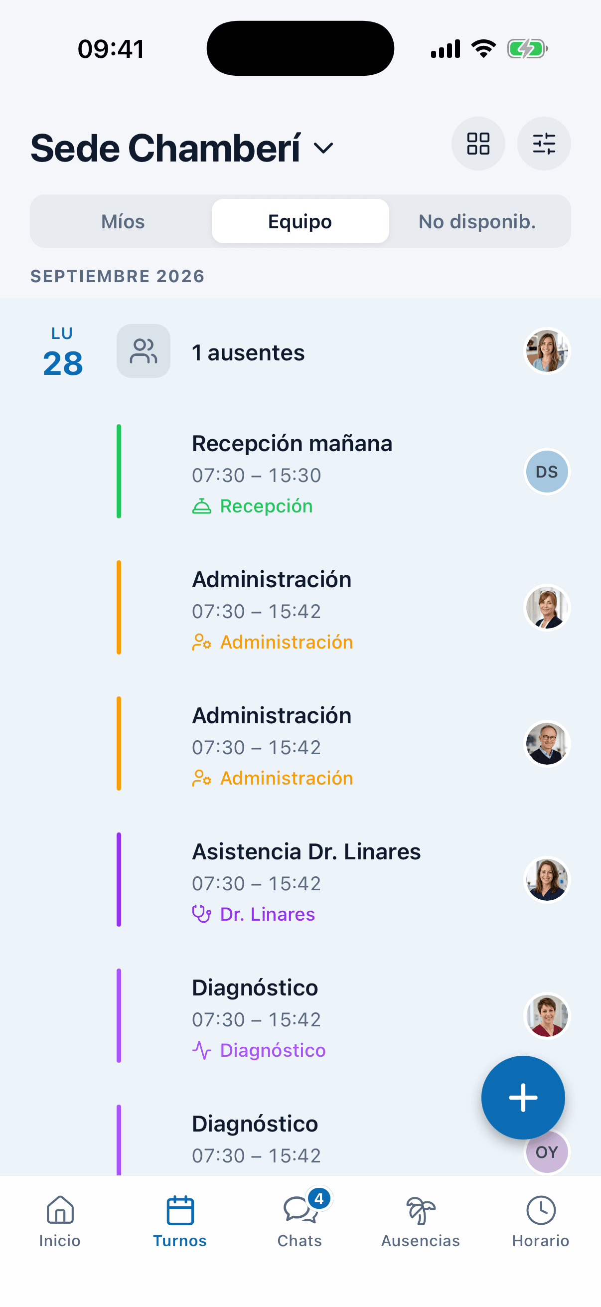 Turnos del equipo de la semana en la app de medishift, por departamentos: asistencia a cada doctor, laboratorio y recepción