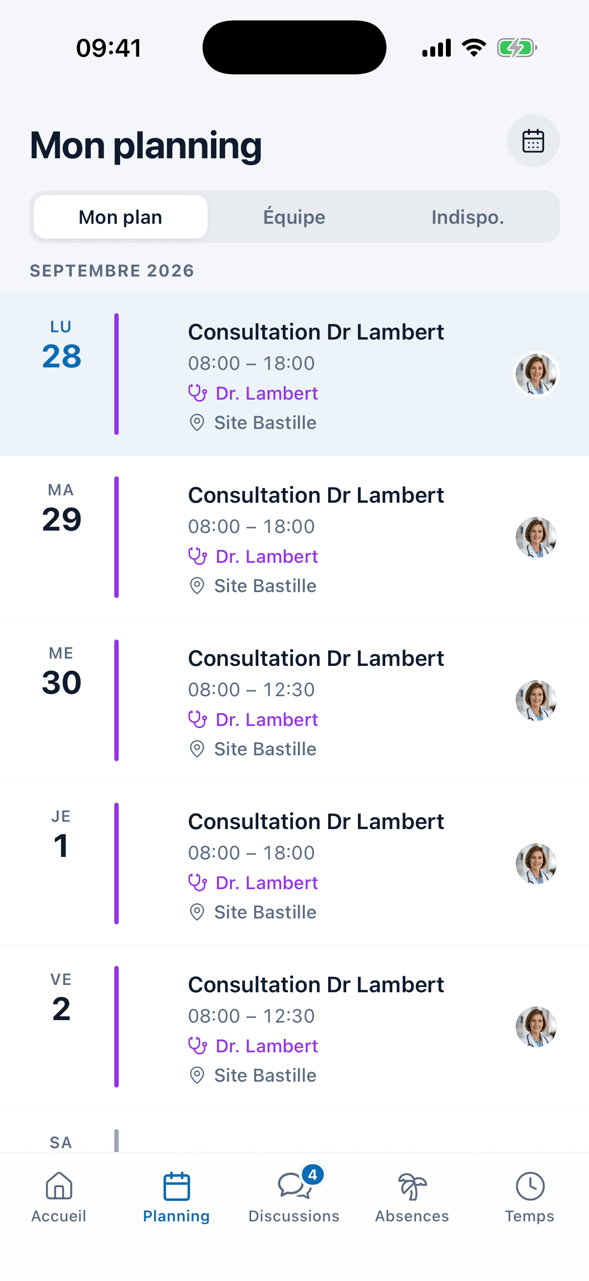 Le planning personnel d'une soignante dans l'application medishift, jour par jour