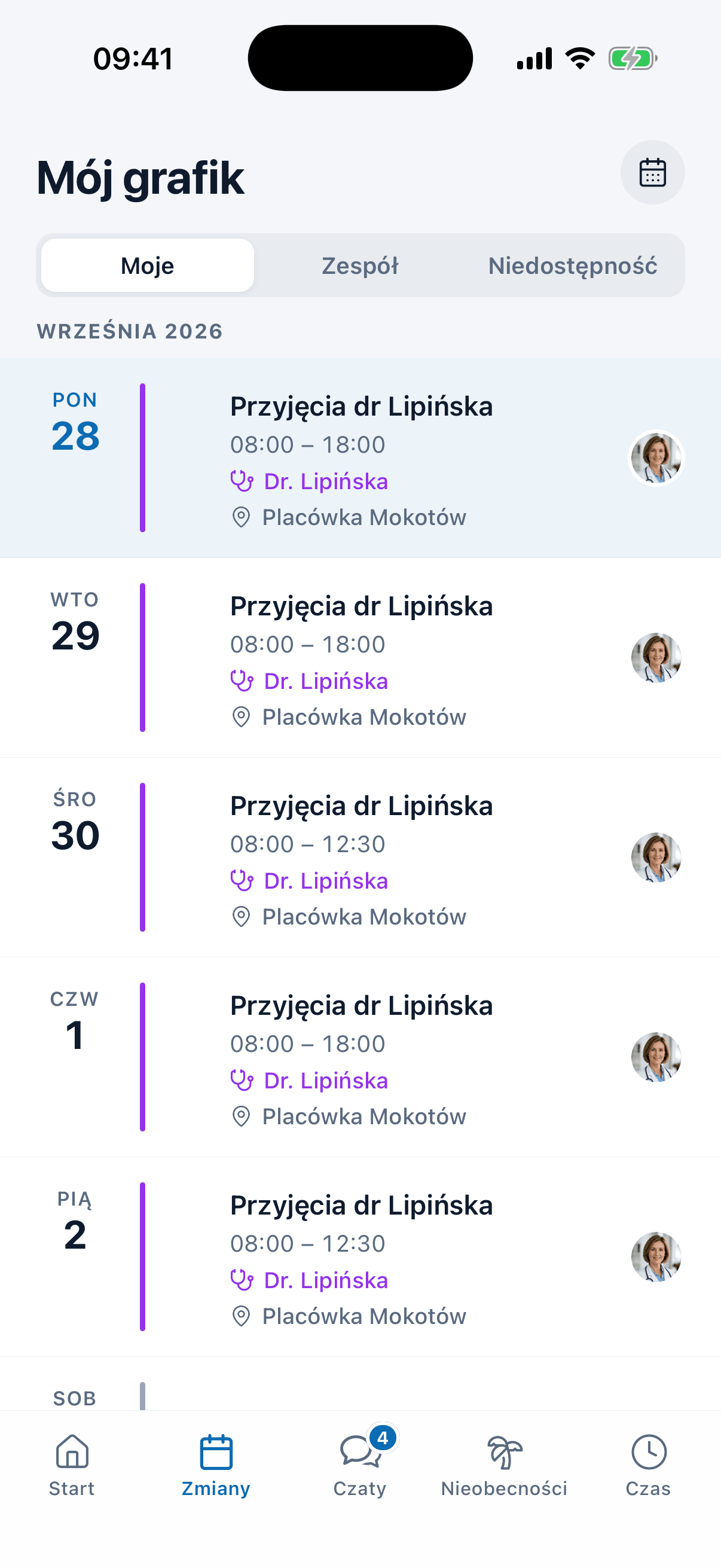Tygodniowy grafik w aplikacji medishift