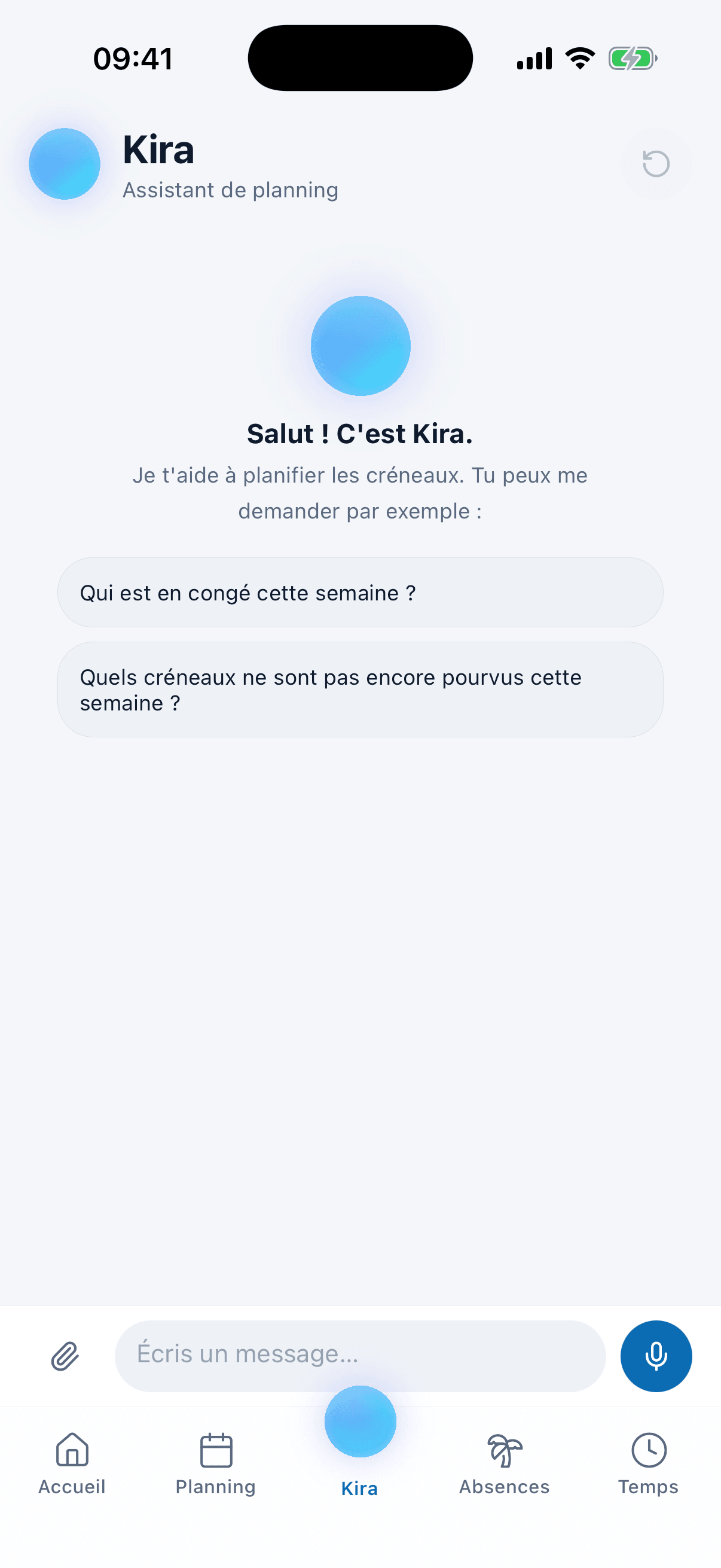 Kira, l'assistante de planning, dans l'application medishift