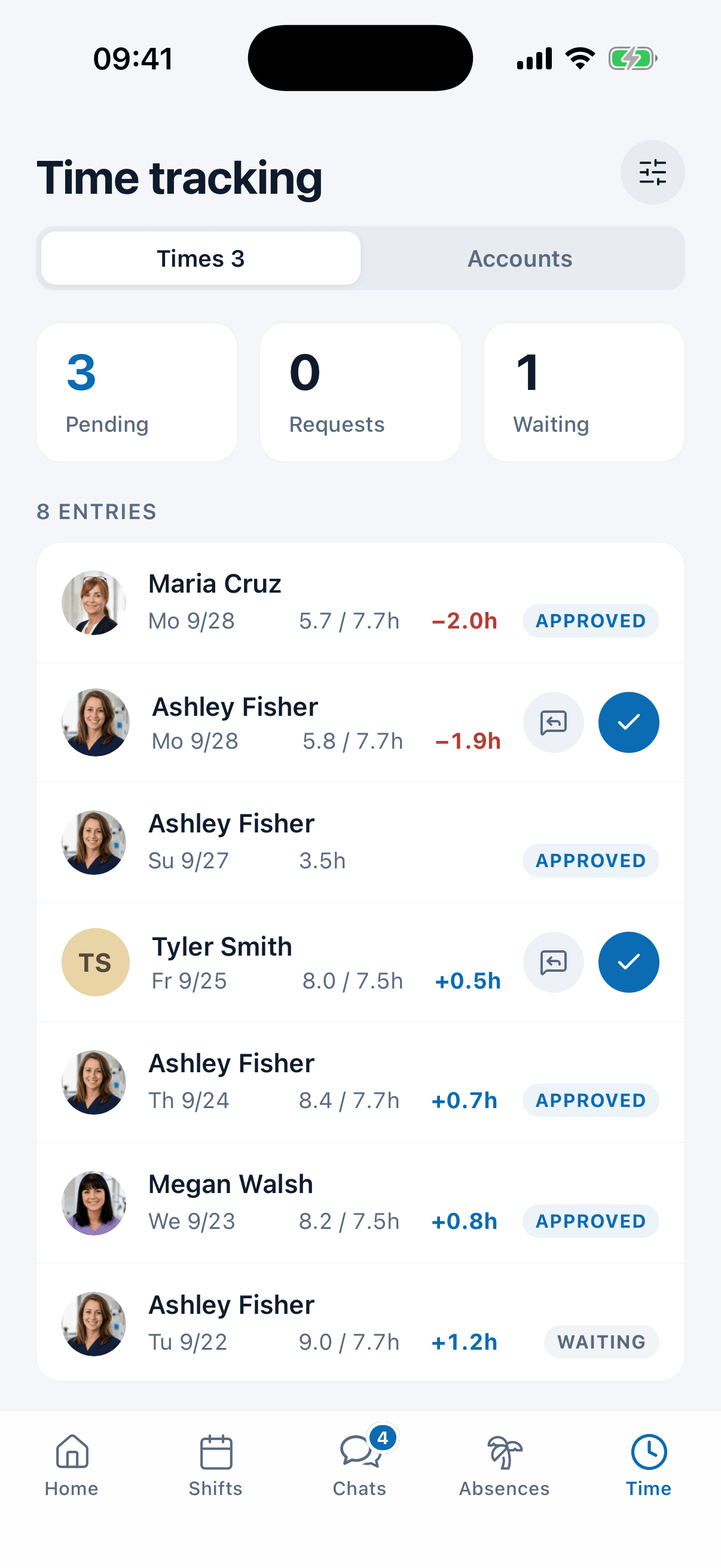 Time tracking in the medishift app with hours per entry