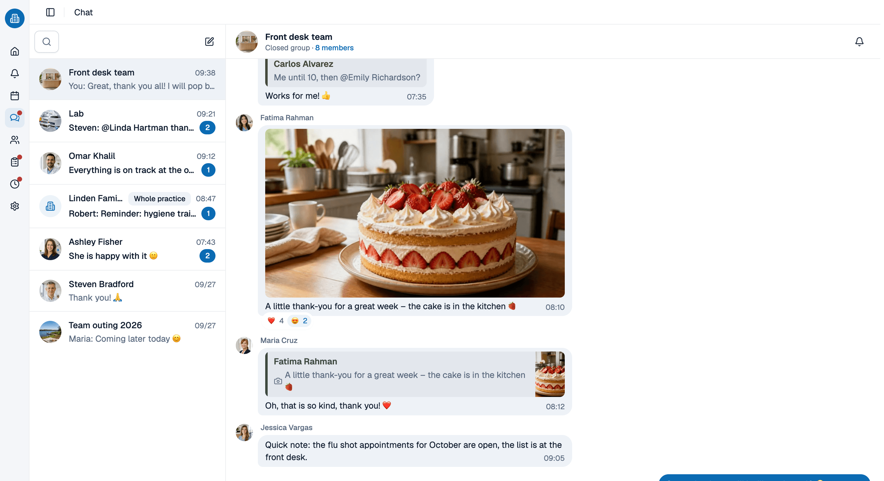 medishift team chat in the browser with groups and direct messages