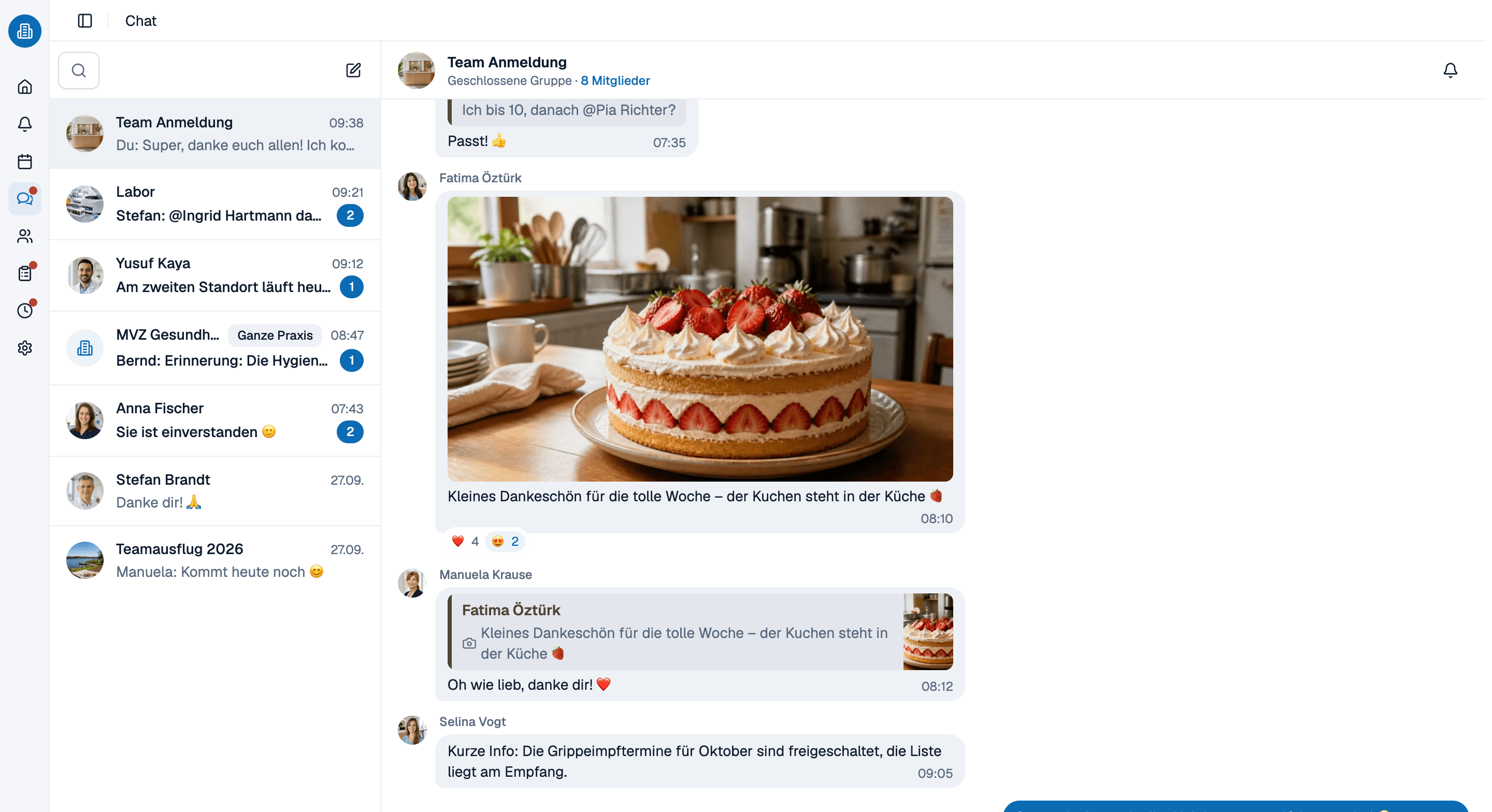 Team Chat von medishift mit Gruppen und Direktnachrichten im Browser