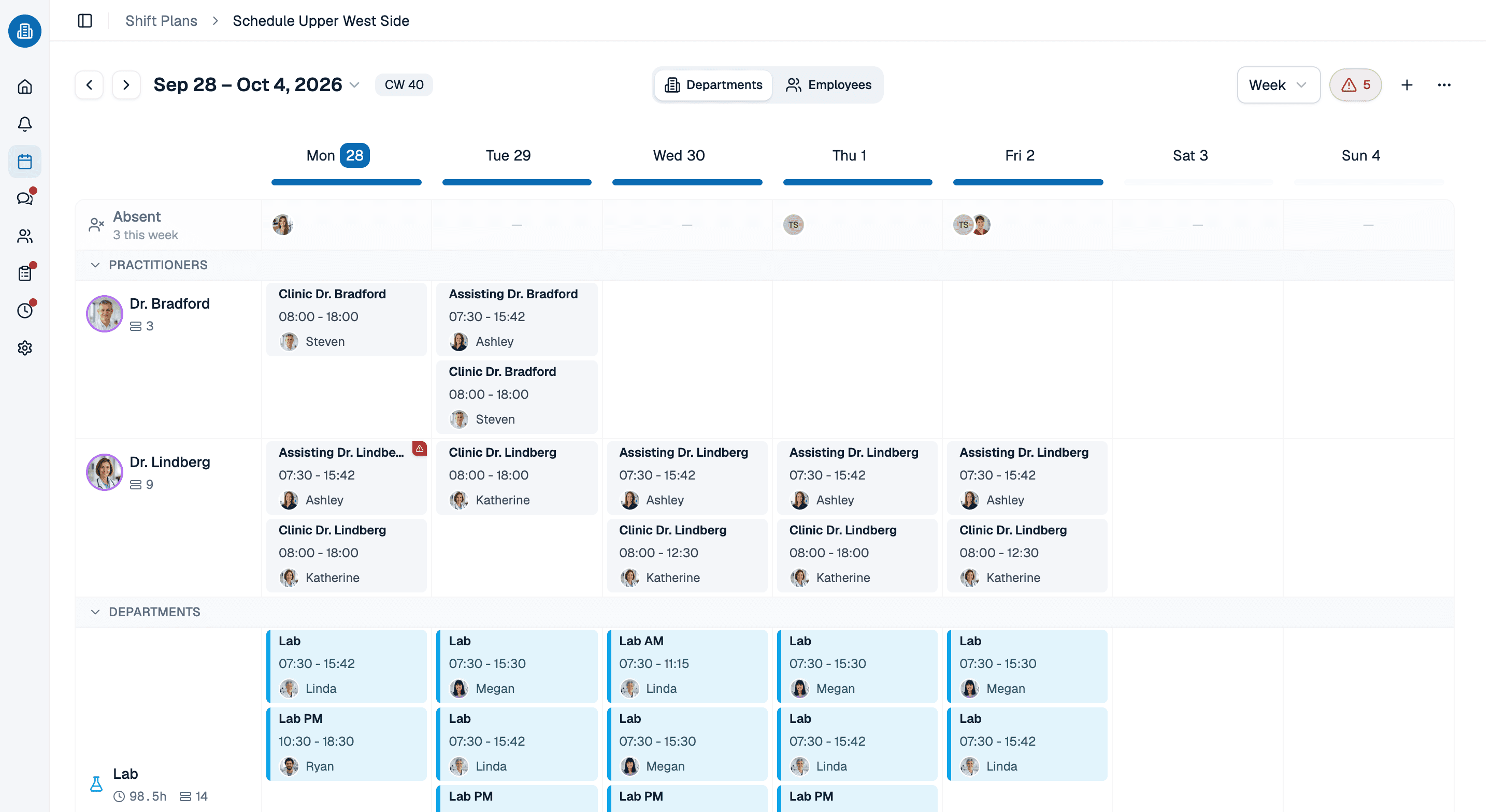 A week in medishift sorted by department, with an absence row on top and a warning count in the header