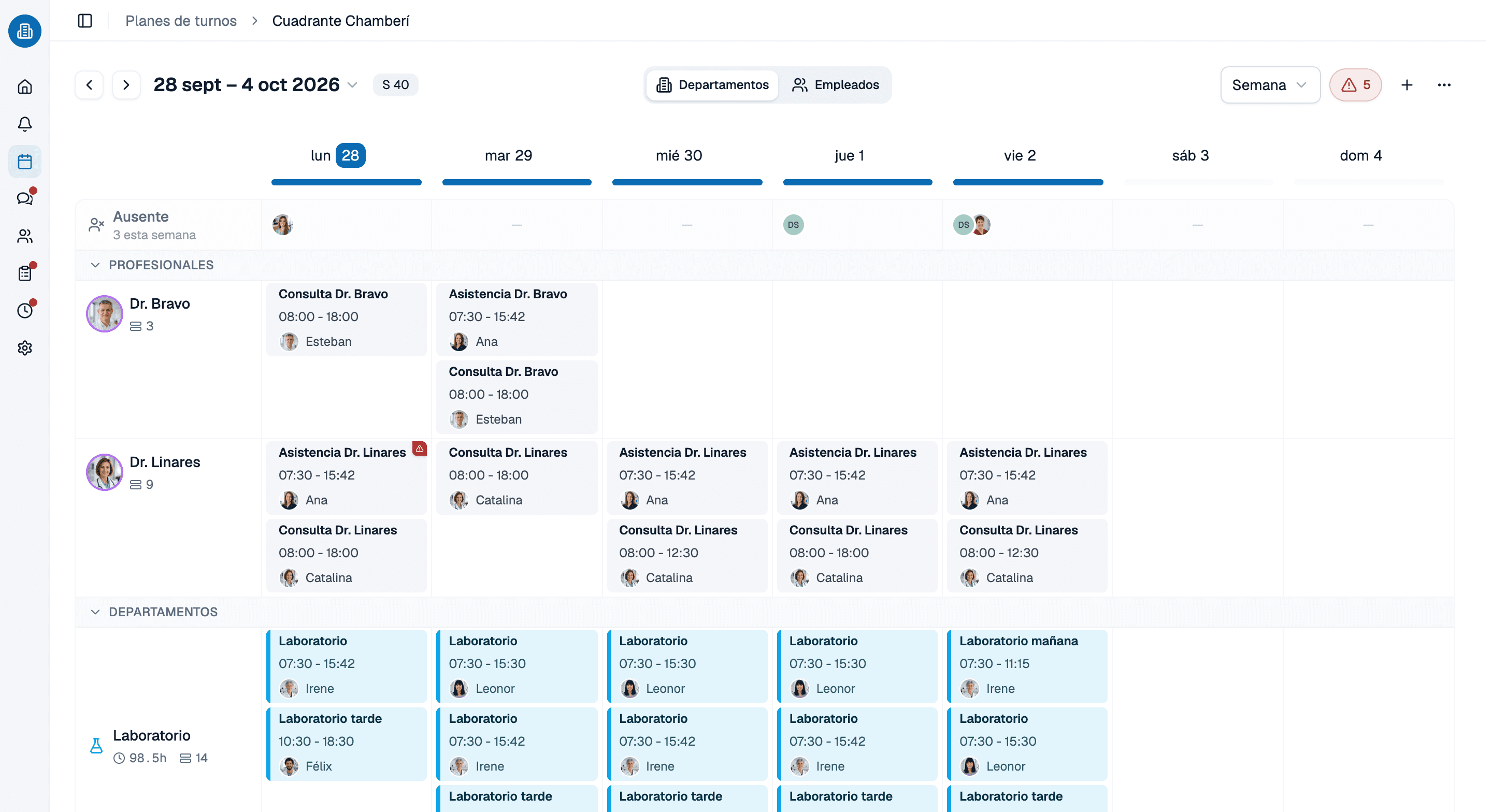 Cuadrante semanal por departamentos en medishift