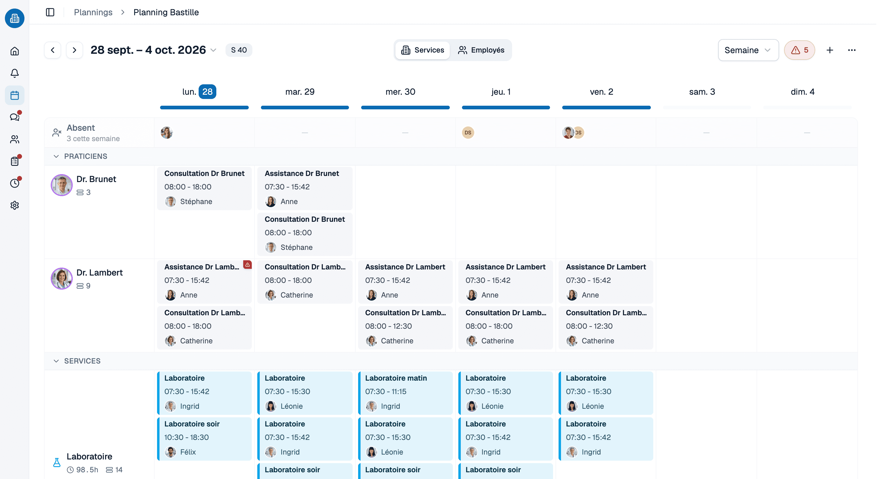 Planning de la semaine par service dans medishift