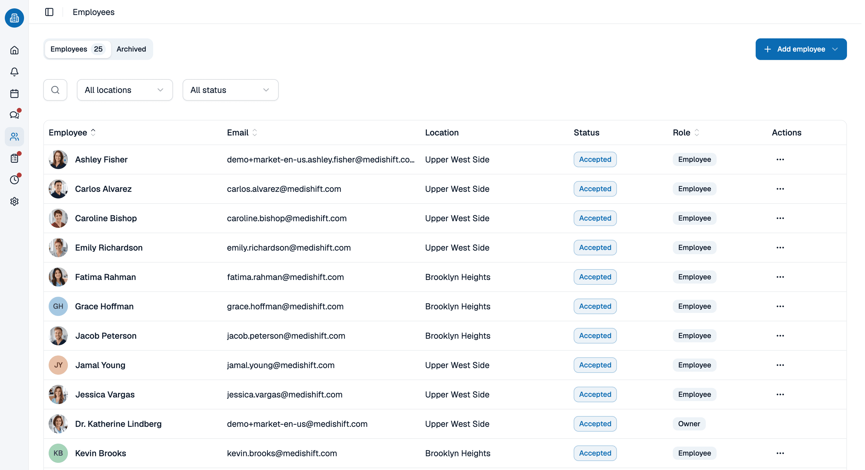 Employee list in medishift with location, status and role for each person