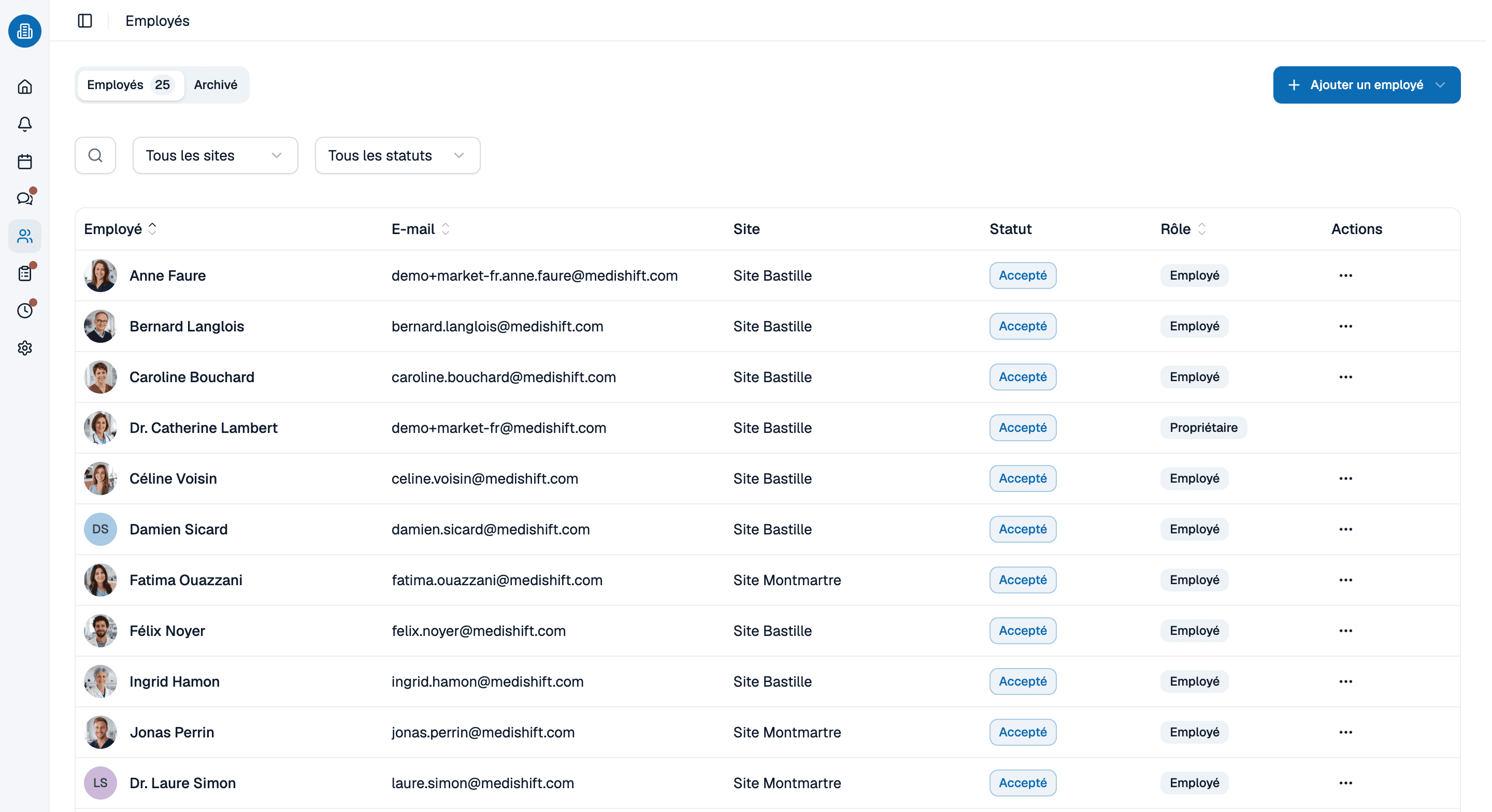 Liste des collaborateurs dans medishift, avec groupes professionnels, services et statut