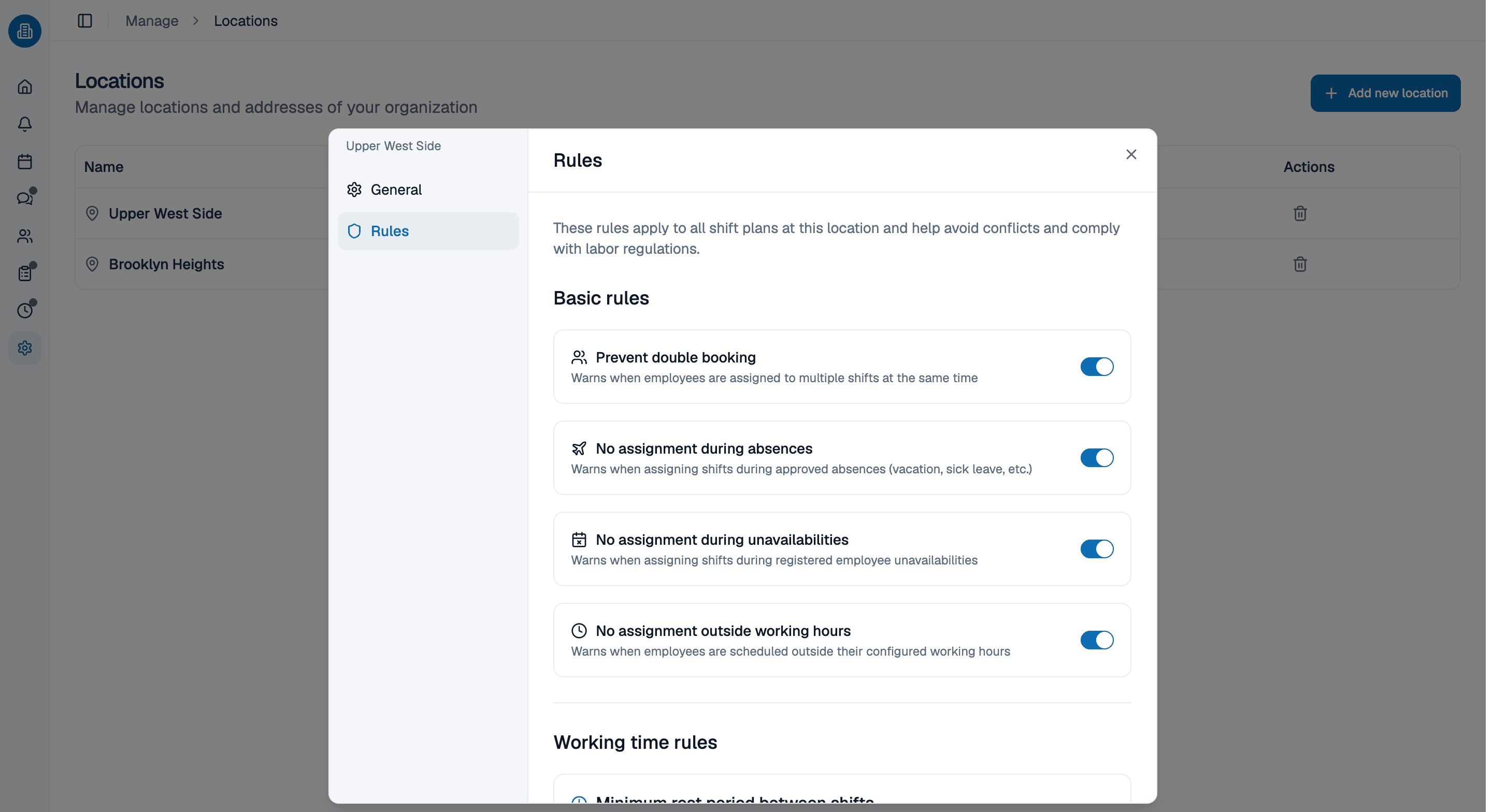 Rules for one location in medishift: double booking, absences, unavailability and working hours switched on