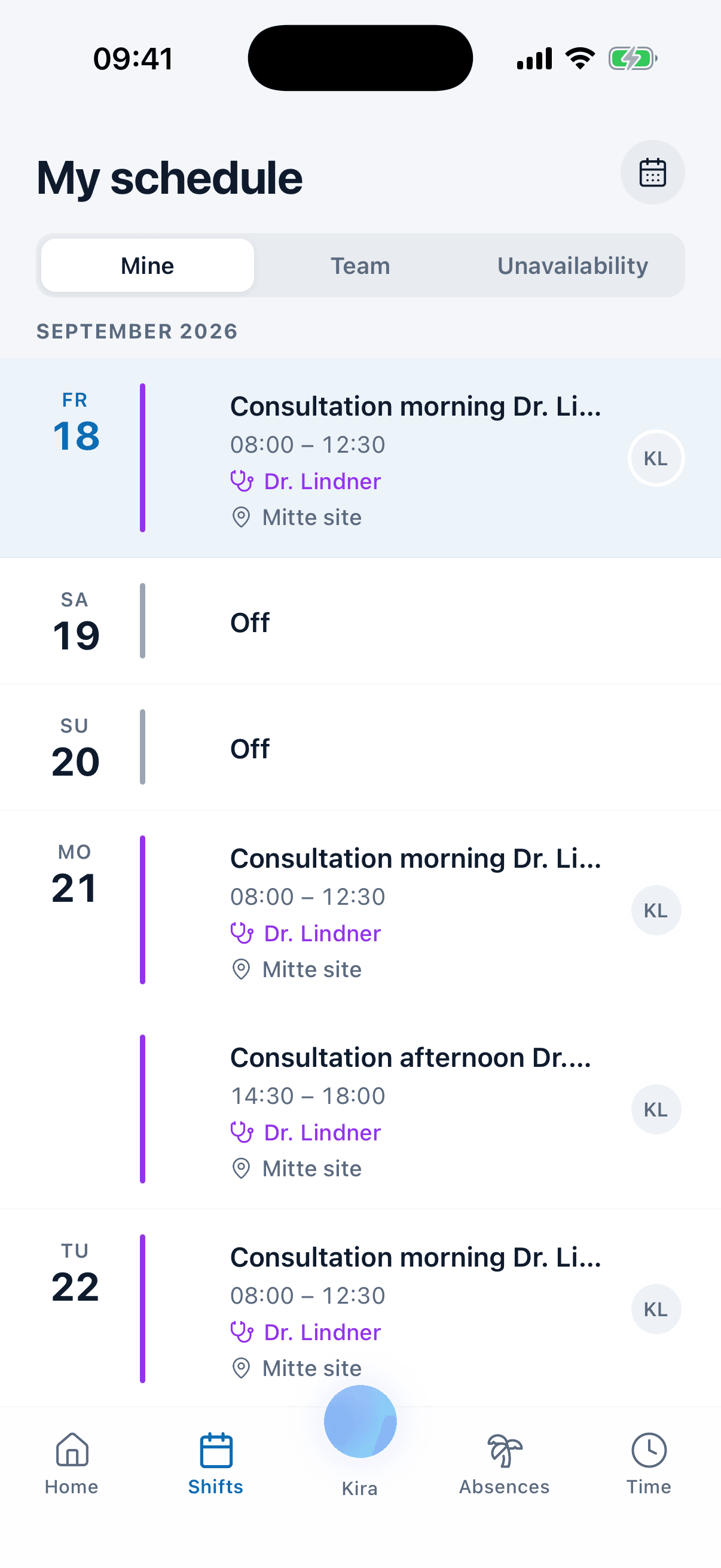 My schedule in the medishift app with consultations, times, the assigned practitioner and the site