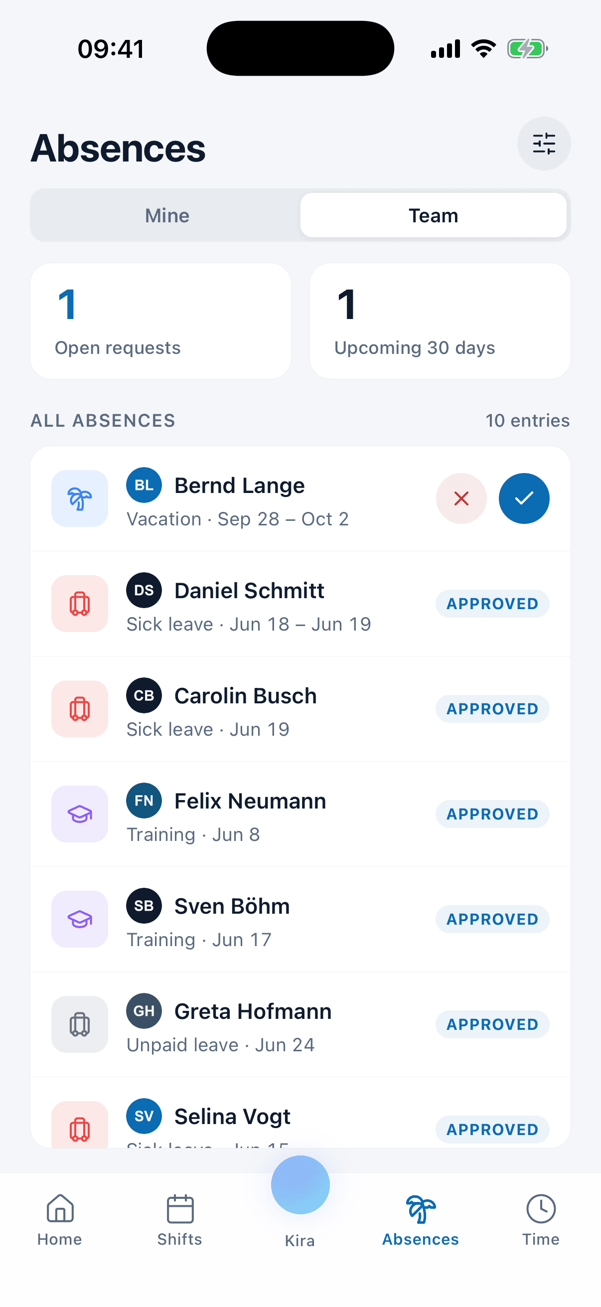 Absences in the medishift app with balance and status