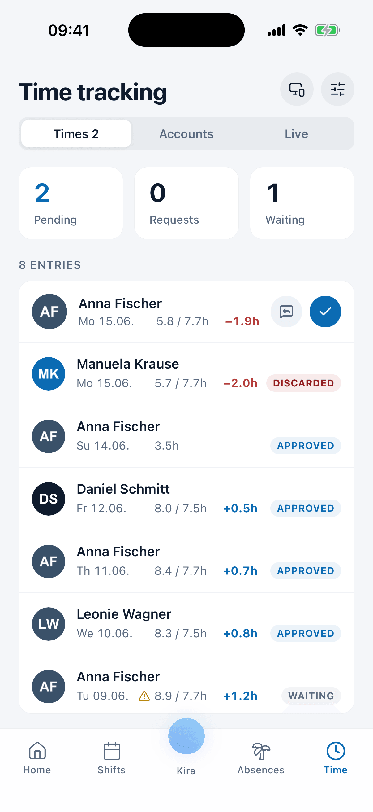 Time tracking in the medishift app with plus and minus hours per entry