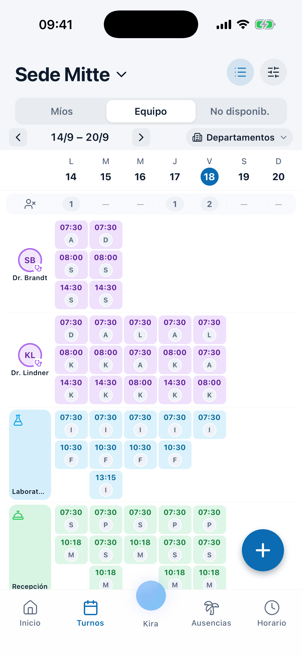 Turnos del equipo de la semana en la app de medishift, por departamentos: asistencia a cada doctor, laboratorio y recepción
