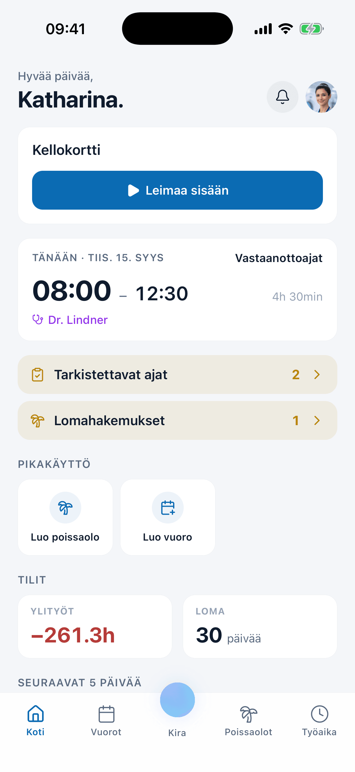 medishift-sovelluksen etusivu, jossa näkyvät lomahakemukset ja lomasaldo