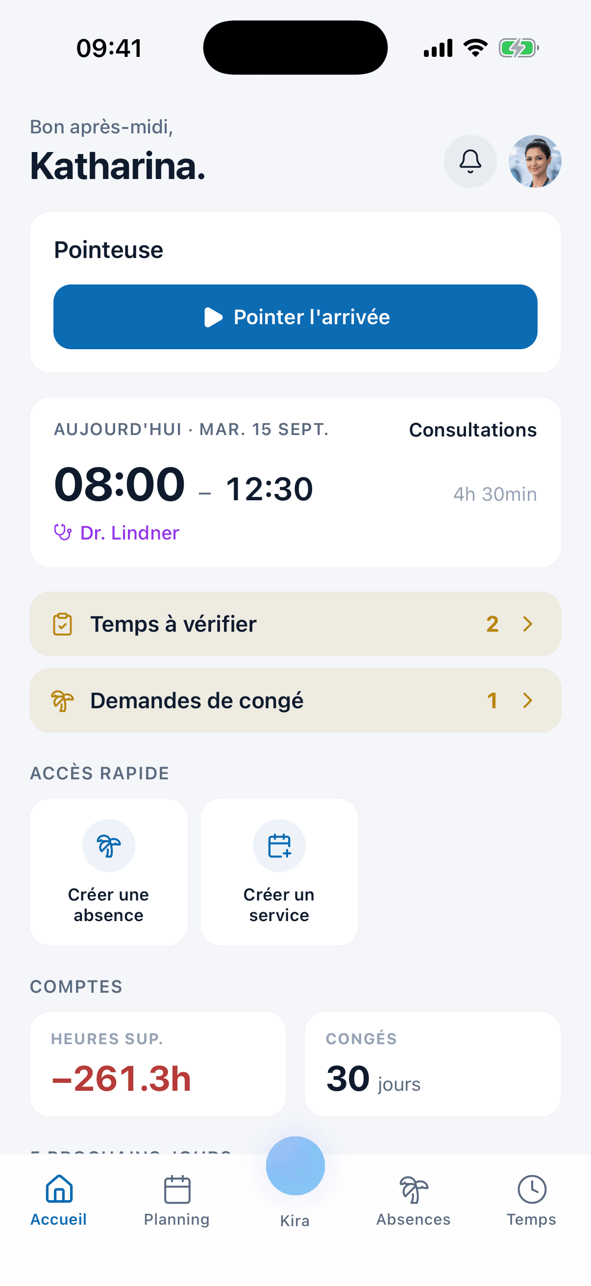 L'accueil de l'application medishift, avec le créneau du jour et les demandes de congé en attente