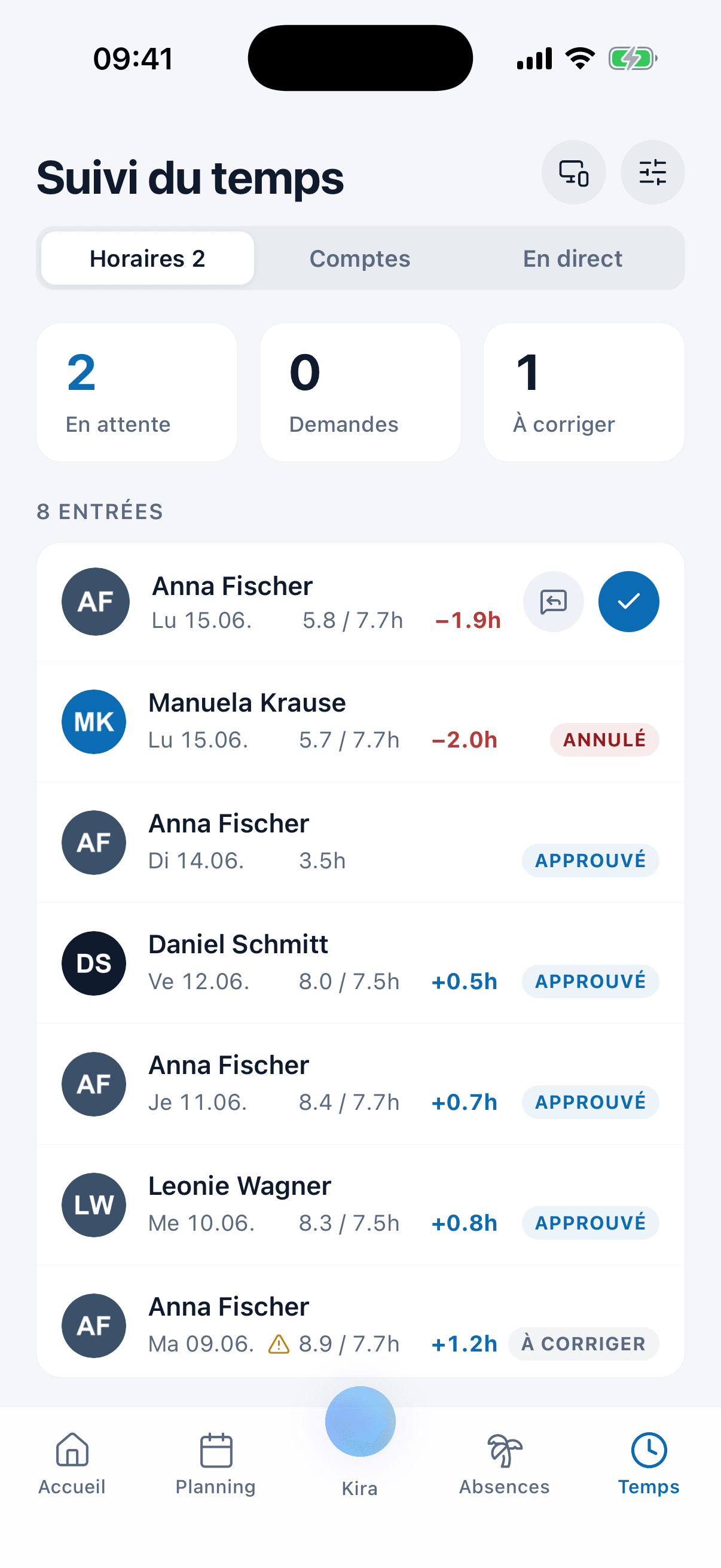 Suivi du temps dans l'application medishift, avec les heures en plus et en moins par entrée