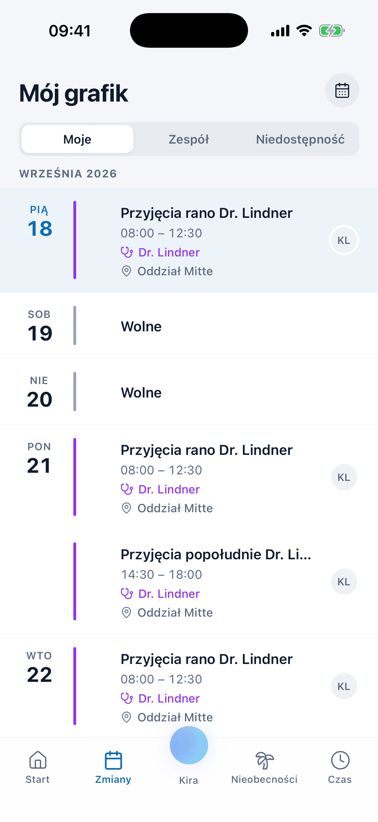 Tygodniowy grafik w aplikacji medishift