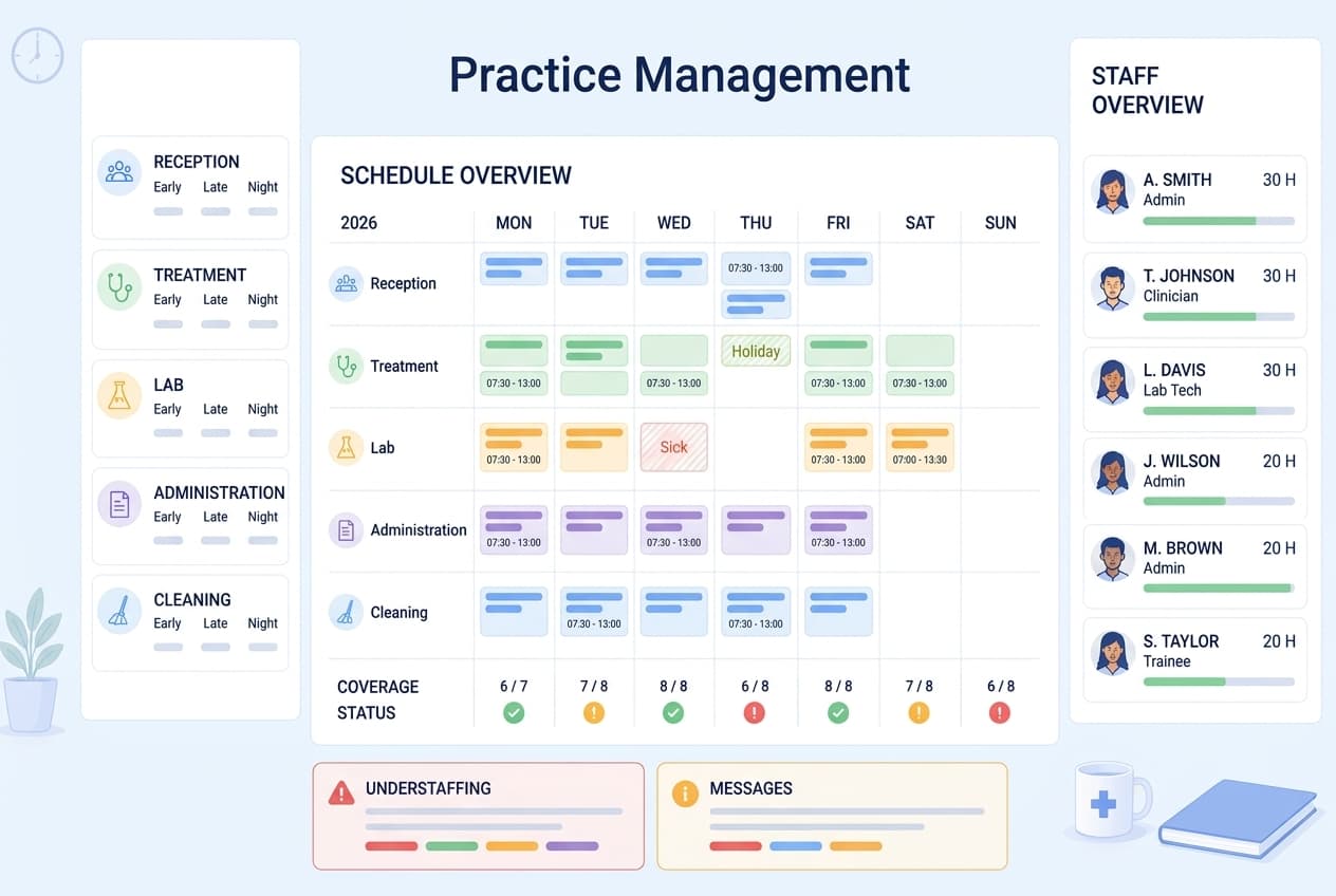 Illustration of a practice manager overseeing daily practice work – appointment calendar, tasks, metrics, team, and hygiene quality as topics of practice management. Medishift covers the staff-deployment and absence part of this.