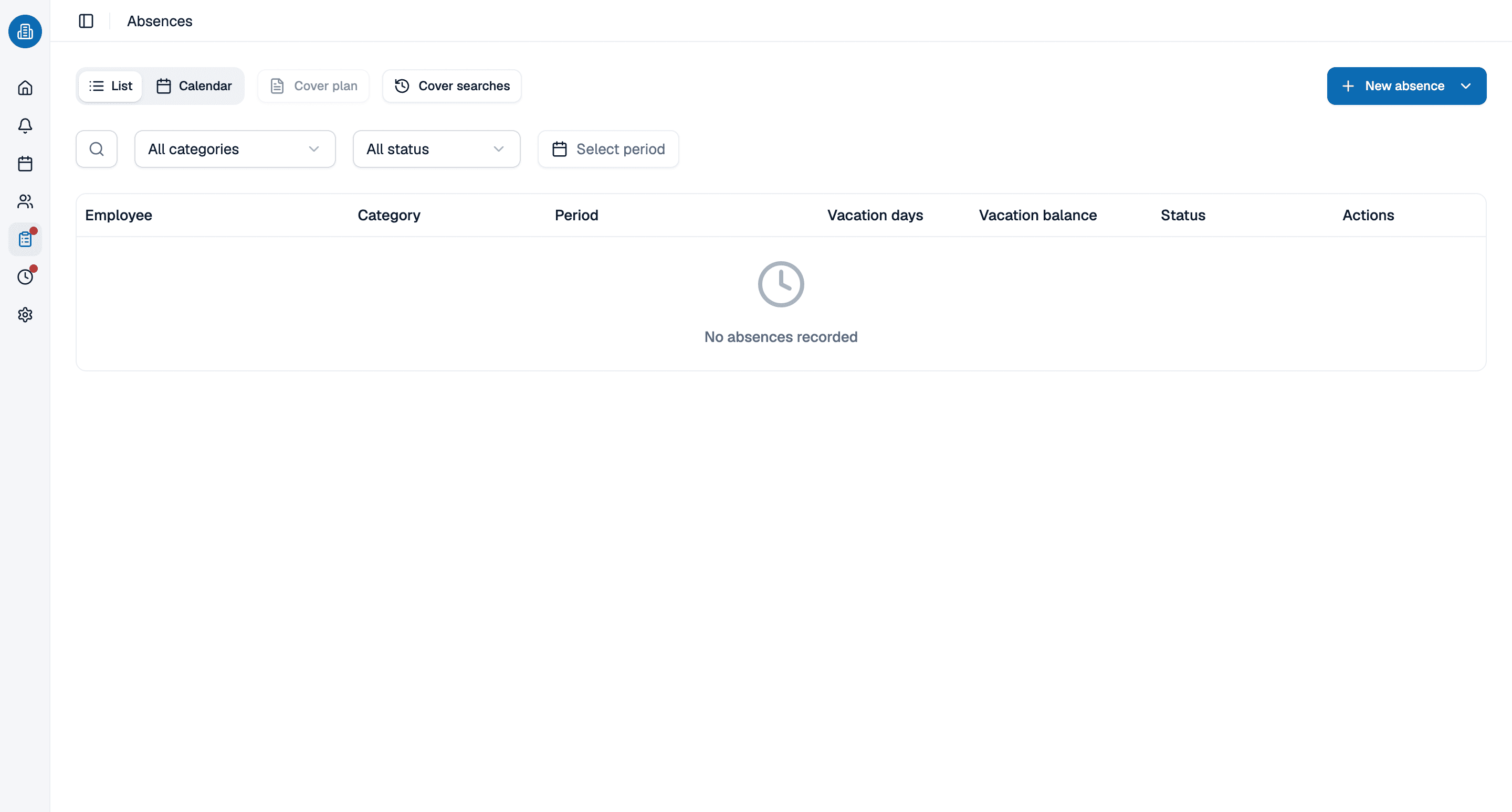 Absences with vacation days, vacation account and status in medishift