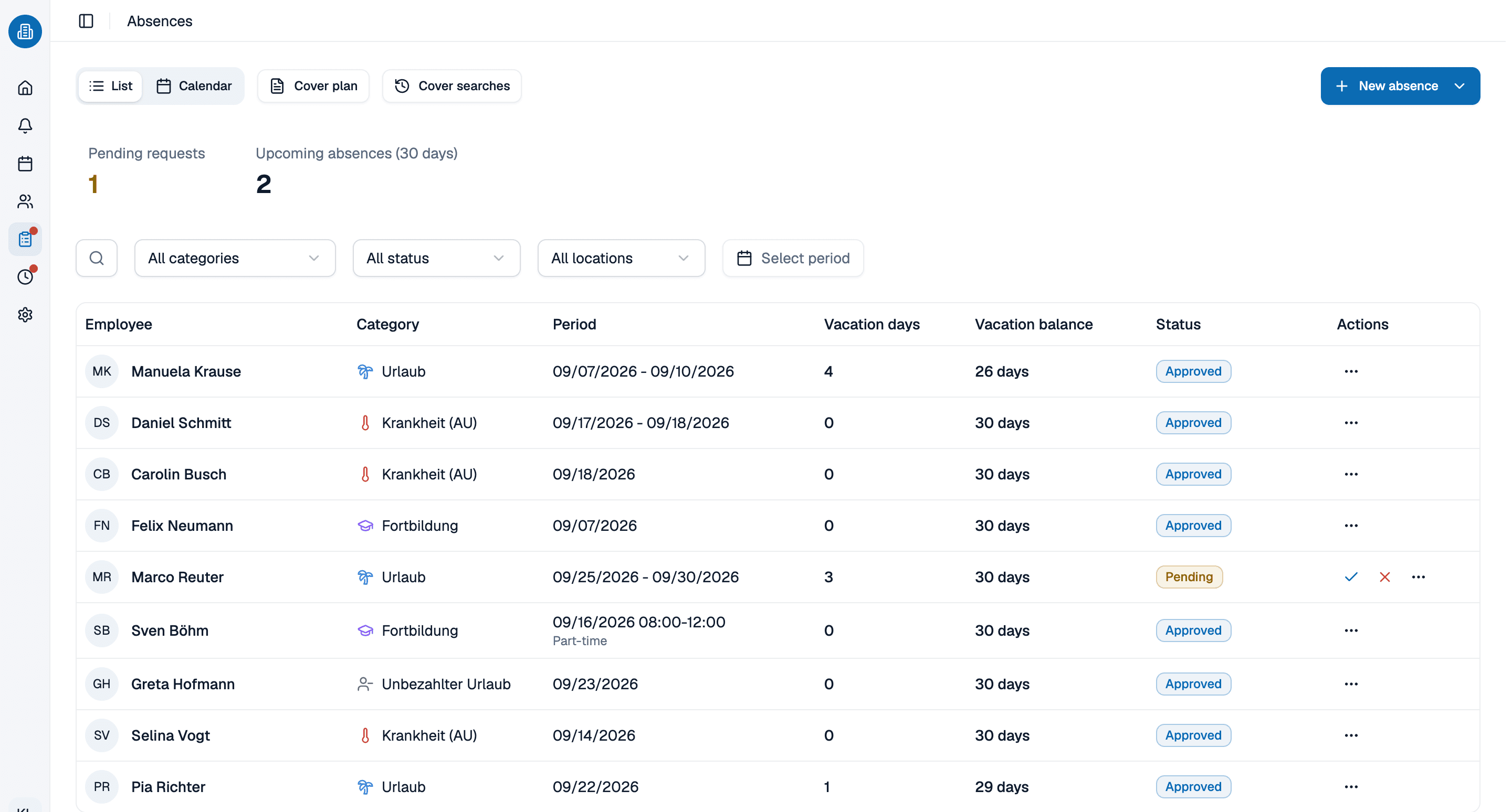 Absence view in medishift with leave days, balance and status per person